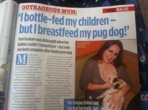 26. 最後，這個母親用奶瓶餵小孩，卻替哺乳餵小狗喝奶。