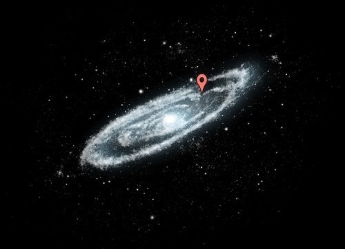 銀河系是如此的壯觀，以下這指標指出的就是你的家，地球，在銀河系中的位置