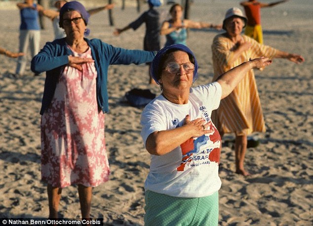 As we age, our muscles tend to become weaker and a loss of balance means we are increasingly likely to fall. Doctors are keen for older people to keep exercising - a stock image of  a class in Florida is pictured