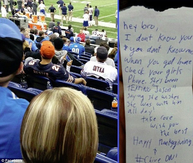 Drama: A man named Lye took this picture of a pregnant woman who he alleges was texting a man named 'Jason' while seated next to another man who appeared to be her boyfriend at a recent Detroit Lions game. Lye decided to intervene and hand this note (right) to the fellow spectator