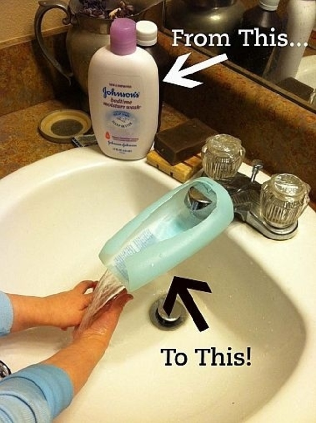 把剩下的乳液空瓶裝在水龍頭上面，讓你的小孩更快學會自己洗手！