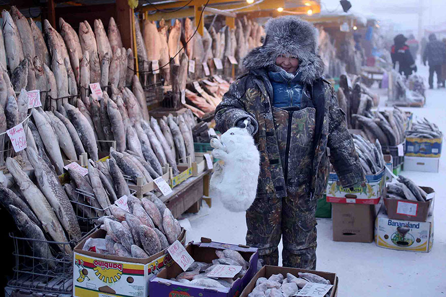 雅庫茨克的中央市集販賣的滿滿都是魚或肉類，因為這裡的氣候無法種植農作物。