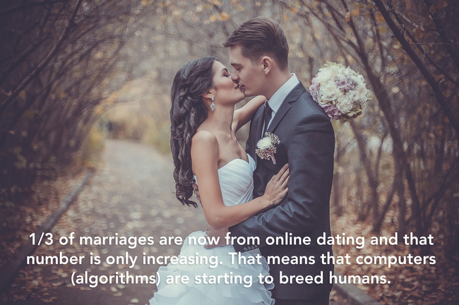 "目前有1/3的婚姻是來自網路交友認識的，而數字正一直上升中，這表示電腦開始在養育人類了。"