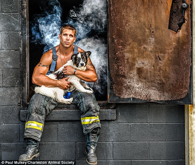 Casual: This strapping young hero cradles his canine co-star amid a smoke-filled building