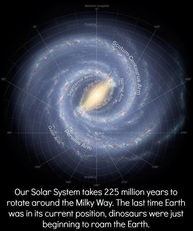 19. 我們的太陽系也是不斷地移動，我們現在跟2.25億年前的位置是一樣的，當時恐龍都還存在在這個世界上。