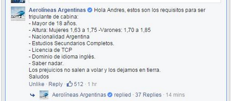 Argentina Airlines' Facebook page then actually responded, writing that "prejudice doesn't fly, we leave it on the ground."