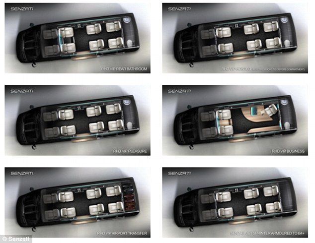 The seats in the people carrier can be configured in a range of layouts (examples are shown above) because by the side door open backwards, giving passengers facing the rear privacy