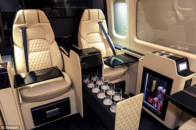 The Senzati Jet Sprinter Mercedes vehicle claims to be Britain's first super-luxury people carrier, complete with its quilted leather interior (pictured), work space and amenities such as fridges and a bathroom