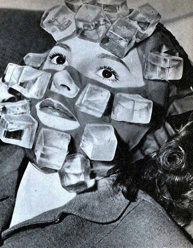 Also invented by Max Factor, this woman is wearing a "Hangover Heaven" face pack. As you might imagine, it was popular with Hollywood stars in the 1940s. The plastic ice cubes on the front could be filled with water and frozen.