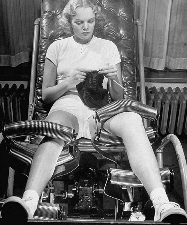 If you visited a "slendering salon" in the 1940s, you might have come across a chair like this. It massaged your legs and supposedly promoted weight loss.