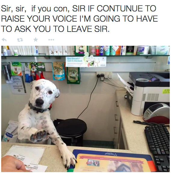 12. 這隻充滿正義感的服務台狗狗說：「先生...先生，請你...如果你繼續這麼大聲說話，我可能必須要請你離開了。」