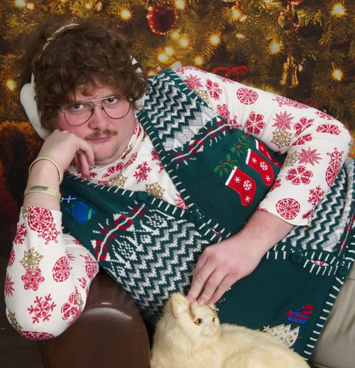 Man Cat & Ugly Christmas Sweater Portrait ~ 26 Funny, Creepy Family Christmas Pics