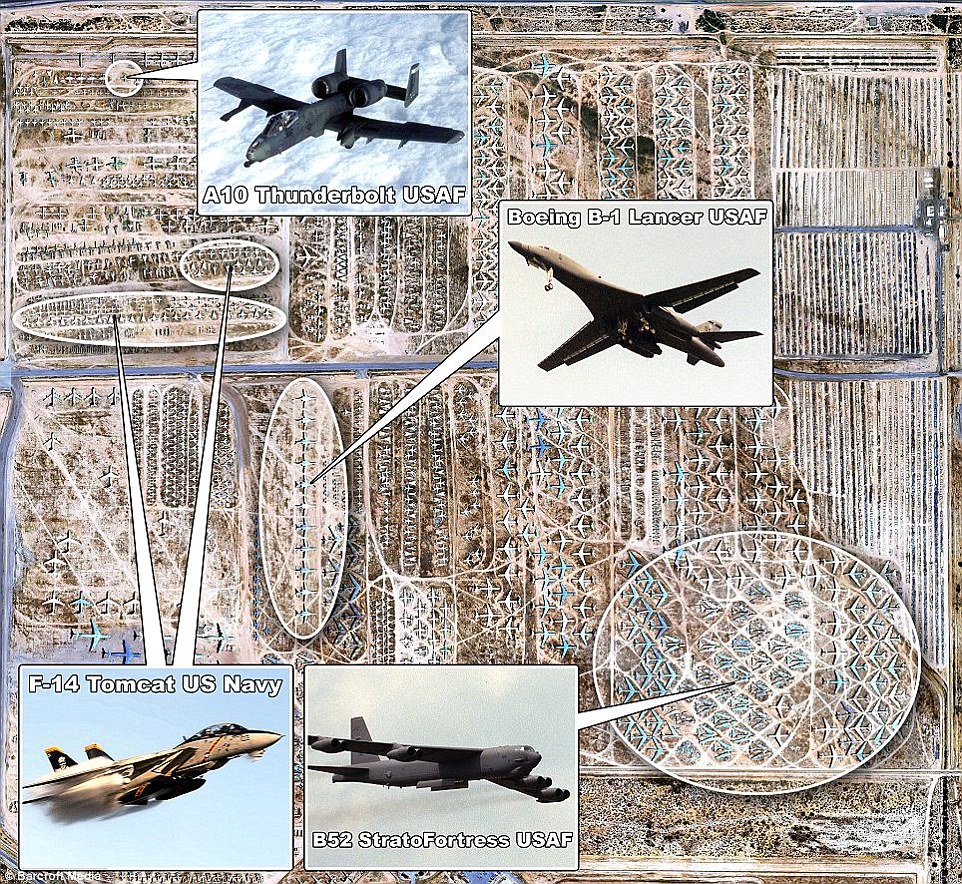 在这个戴维斯－蒙森空军基地 (Davis Monthan Air Force Base) 里头有许多不同的款式，包括货机、轰炸机、A-10雷霆二式攻击机、F-14雄猫式战斗机等淘汰款式，一共有4400架飞机、价值大约有1.1兆台币 ($350亿美金)。
