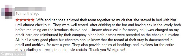 這位憤怒的丈夫，還是用外遇老婆的角度來留言，描述著愛爾蘭這間「韋斯特格羅夫飯店」(Westgrove Hotel) 到底有多好。