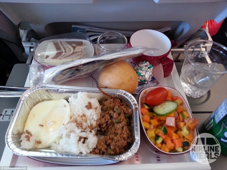 Thai Airways International: 'This was the most disgusting and bland meal I have ever tried to eat on an aircraft. The egg was gross, the beef was dry and flavourless and the salad smelled toxic. I only ate the cake which was decent'