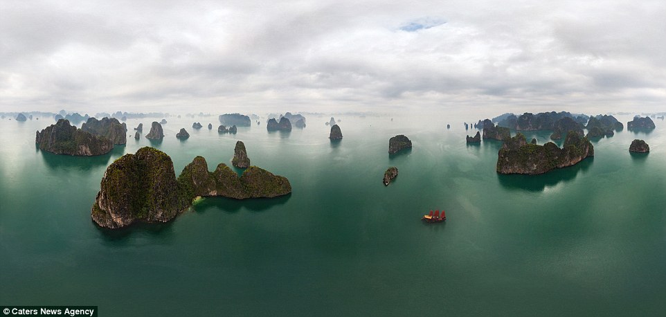 One of the spectacular wonders of the world from above. The Ha Long island dotted in the Vietnamese bay
