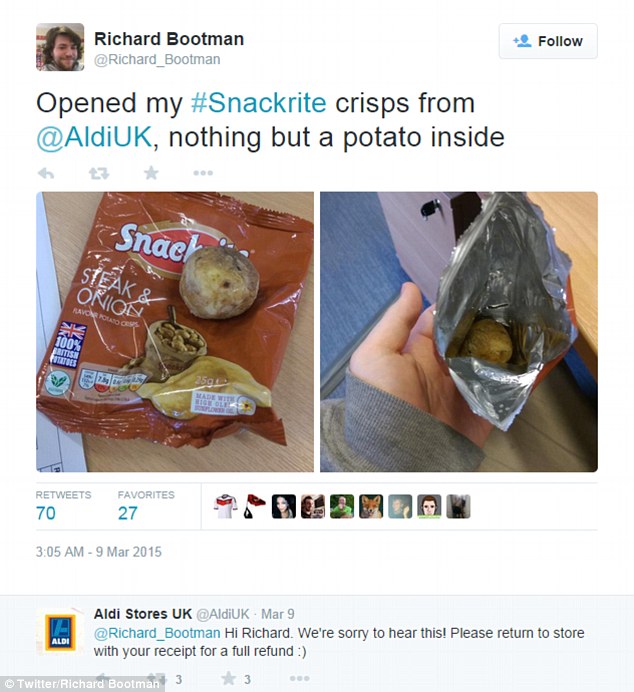 Response: Bemused by what had happened, he posted an image of the crisp packet on Twitter for the attention of Aldi - who apologised and offered a refund if he returned it with a receipt