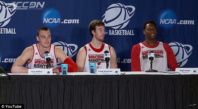 Sports star: Nigel Hayes, a sophomore forward for the Wisconsin Badgers, confidentially sat down to attend a press conference at the Staples Center in Los Angeles with two fellow players