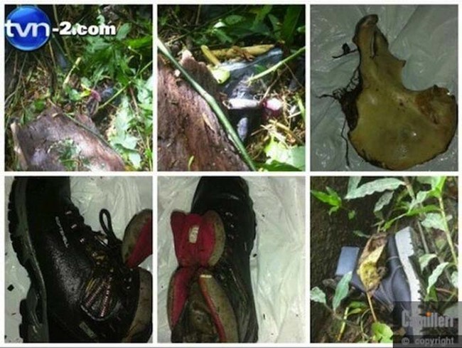 Pictures of the bone fragments found by locals. The hiking shoe still had a foot in it and was identified by police as belonging to Kremers. The other was a pelvic bone belonging to Froon.