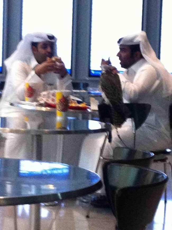 Chilling with your hawk in airport food court.