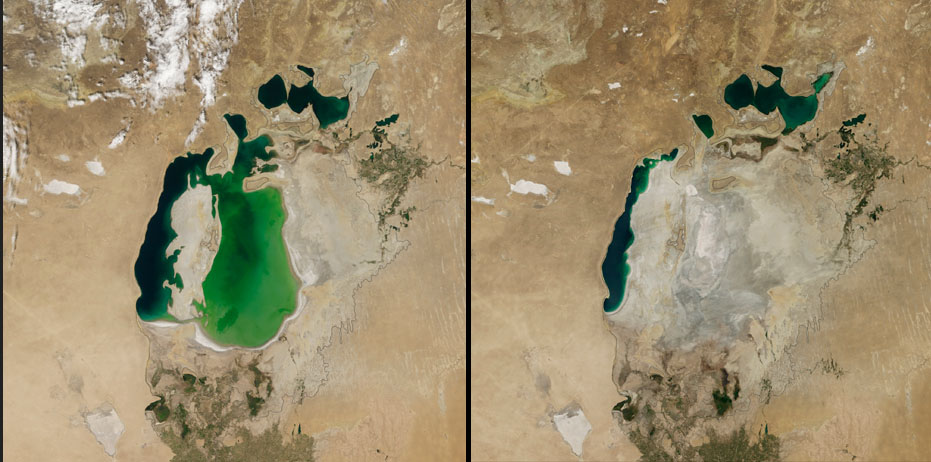 4. 中亞的鹹海 (Aral Sea)，即便當地積極想要拯救鹹海，像是在2005年蓋了一座水壩，但依然不敵面積快速縮減的速度。
