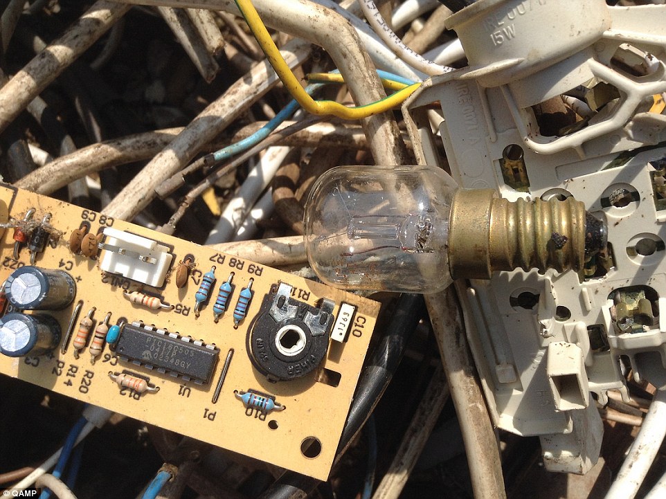 Victim: Ghana produced only 38,000 metric tonnes of e-waste in 2014 compared to the UK's 1.5 million but its landfills have become a graveyard for the world's useless microchips, light bulbs and motherboards (pictured)