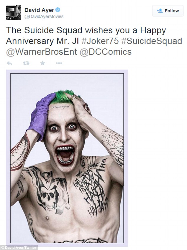 'Happy 75th anniversary, Mr. J!' Suicide Squad director David Ayer tweeted the first official image of Jared Leto as a cap-toothed, tattooed Joker on Friday