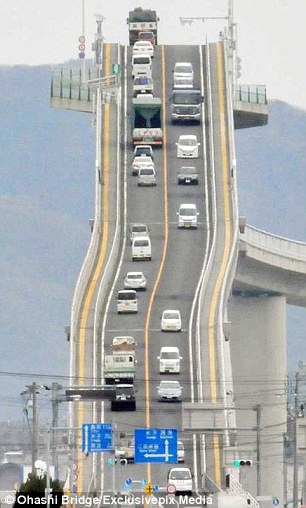 The concrete road bridge, pictured, spans a mile across Lake Nakaumi, linking the cities of Matsue and Sakaiminato