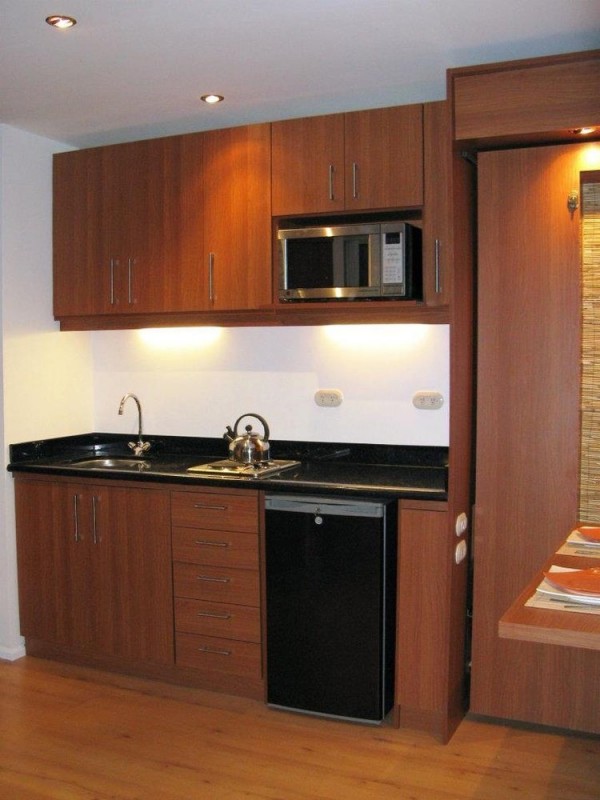 The kitchen has a small refrigerator, two-burner stove, and a microwave that fits nicely into the small space.