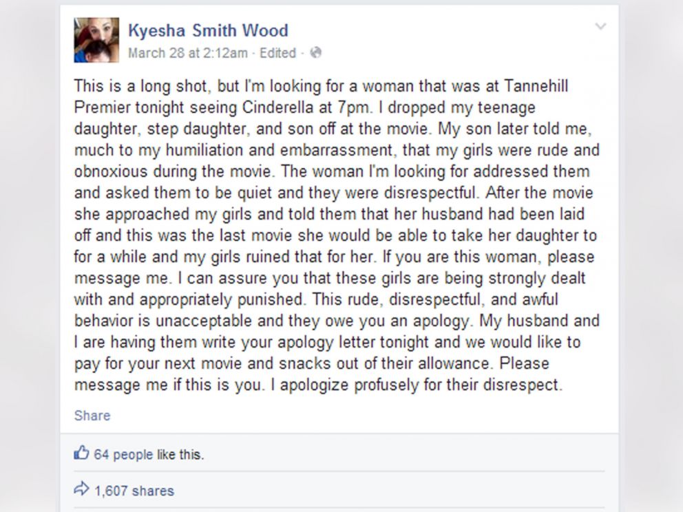 PHOTO: Kyesha Smith Wood wrote this Facebook post, March 28, 2015.