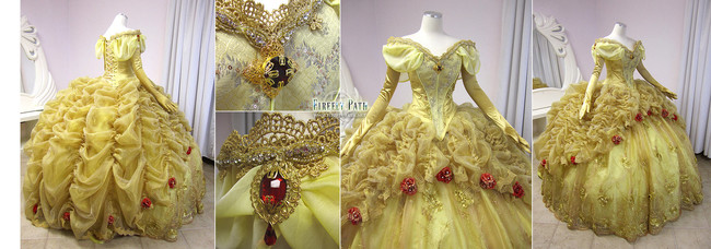This version of Belle's gown from <i>Beauty and the Beast</i> took 50 yards of fabric to make&mdash;that's half a football field in length. The darker, golden yellow gives it a more elegant, grown-up feel, and the red roses are an allusion to the roses in the movie.
