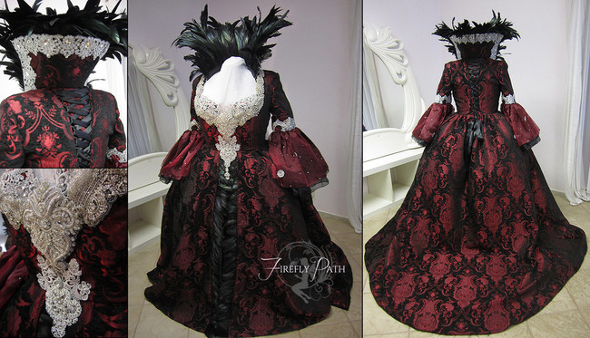 This gown is a re-creation of the character Regina Mills' gown from television's <i>Once Upon a Time</i> and explodes with feathers and lace. There's even a custom-built petticoat underneath to give the gown its full shape.