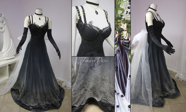 This darkly elegant gown was inspired by the character Sailor Pluto from the <i>Sailor Moon</i> manga series. You can see the original character in the narrow image here. Using subtle details like airbrushing and ombre, this gown is understated but beautiful.
