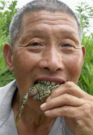 Yang Dingcai insists that 40 years of eating live frogs and rats has helped him avoid intestinal problems and has made him stronger.