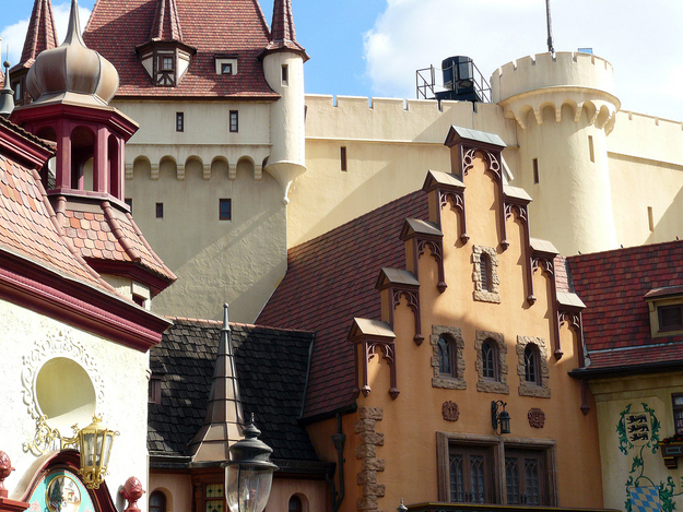 The massive castle structure behind the German pavilion at EPCOT was meant to house a boat ride that simulated a trip down the Rhine River.
