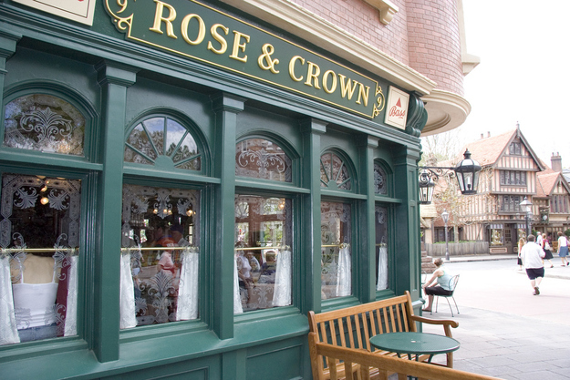 In the United Kingdom pavilion, the Rose and Crown got its name from the two most common words found in pub names in the United Kingdom.