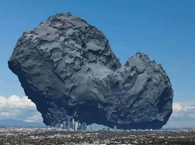 Comet 67P/Churyumov-Gerasimenko, rendered next to a city for scale.