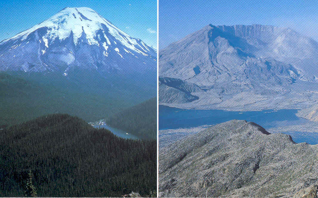 Mt. St. Helens, shot before and after an eruption.