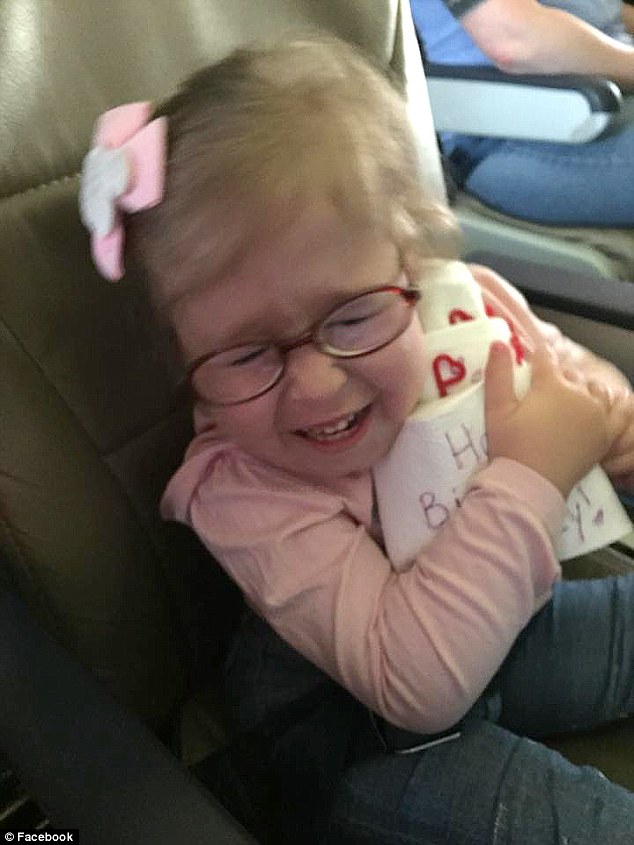 Moved to tears: Mazzy, who suffers from Spina Bifida, was on board a Southwest Airlines flight over the US when the entire airplane sang her happy birthday and moved her to tears 