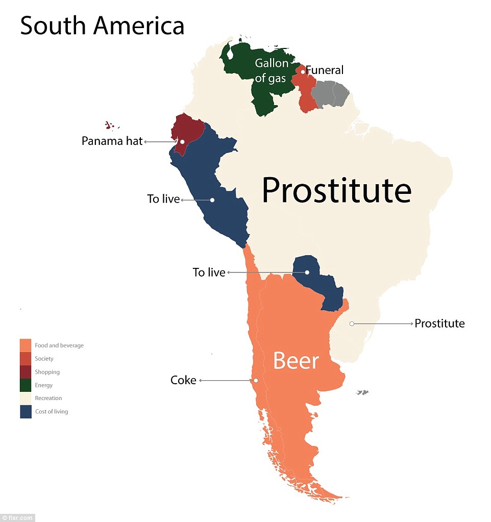 South America’s party atmosphere may be echoed in Google searches, because beer, prostitutes and coke – it’s not specified which kind – is in demand. It may be that travellers are Googling the cost of living in some countries, because it's thought to be cheap