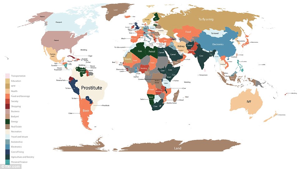 The cost of everything from carpets and croissants to petrol and prostitutes is shown in a fascinating and occasionally funny map of the world (pictured)