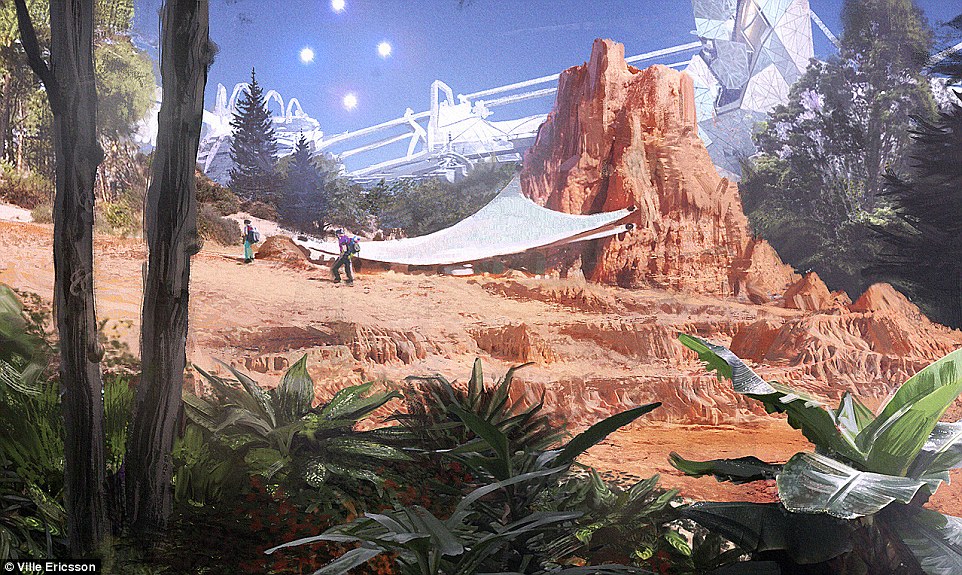 Scientific studies have shown that growing crops in Martian soil shouldn't be a problem. In the drawings it is suggested that, inside a large dome, vegetation could take hold to partially terraform the surface