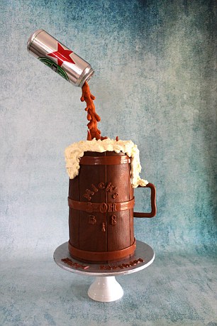 Frothy: The can is real, but the lager that’s being poured into the cake tankard is made by sculpting a chocolate-syrup mix around a wooden skewer