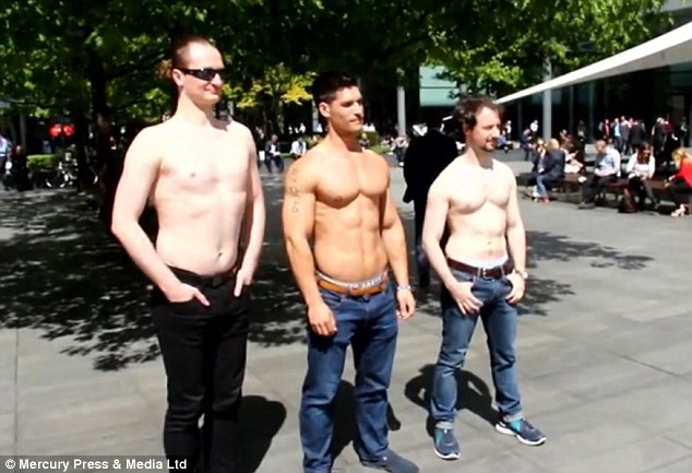 Two men with normal male bodies, dubbed 'dad bods', (Peter right and Dan left) and one ripped male model (centre), took to the streets to find out what women found sexy