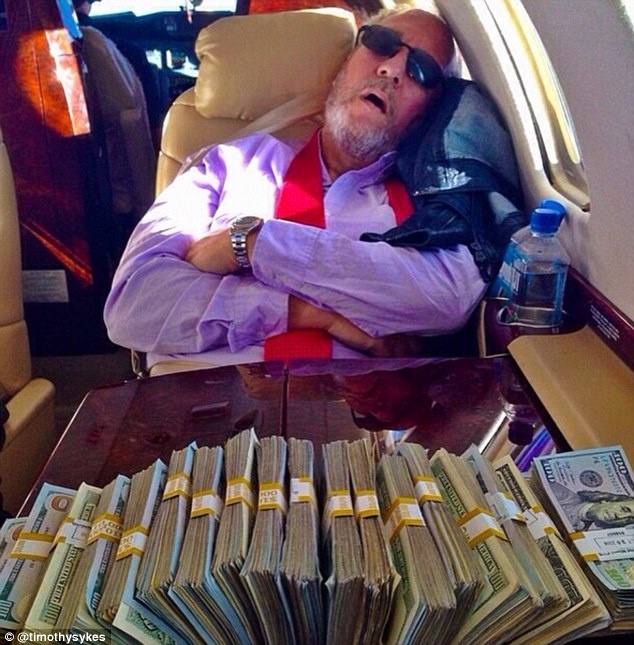Skyes posted this picture explaining that his dad had fallen asleep on board his private jet because he had become tired of watching him counting money