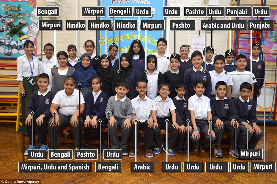 A class above: Each of the 29 pupils in this Year 6 class at Greet Primary School in Sparkhill, Birmingham, speak English as a second language, with nine languages or dialects spoken by the children