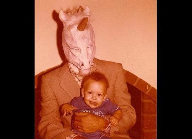 A unicorn man holding a baby. Yep, that's my nightmare.