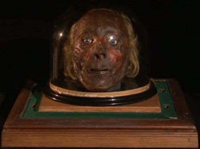 Originally, Bentham wanted the Auto-Icon to feature his actual preserved head, pictured below.
