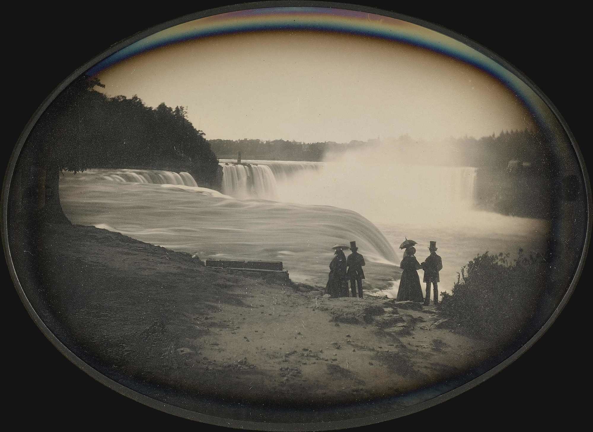 Niagara Falls has captivated people's hearts from the beginning. Two couples enjoying the waterfall in 1855.