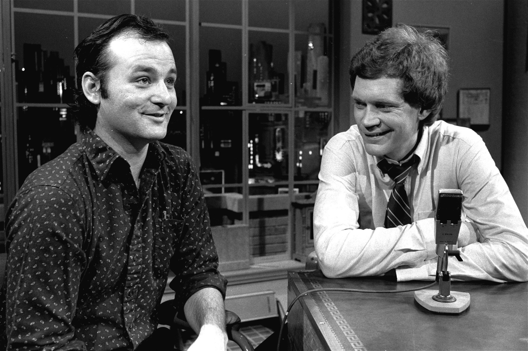 David Letterman interviewing his first guest Bill Murray for the "Late Night with David Letterman," Feb. 1, 1982. 